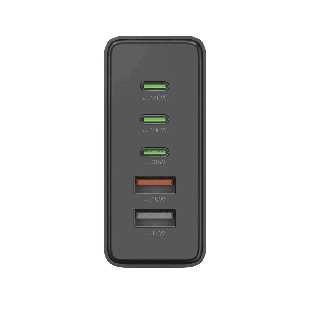 Hama GaN 140W PD/QC 3x USB-C, 2x USB-A juoda