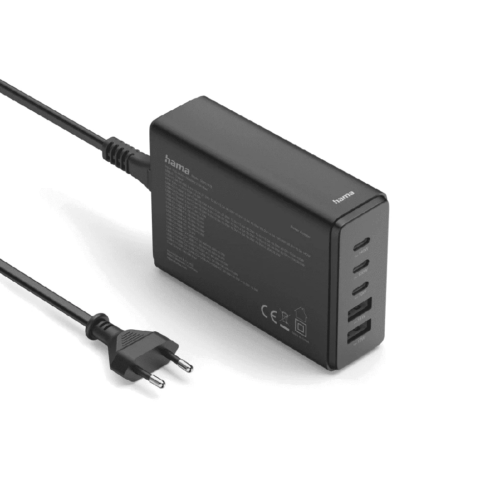 Hama GaN 140W PD/QC 3x USB-C, 2x USB-A juoda