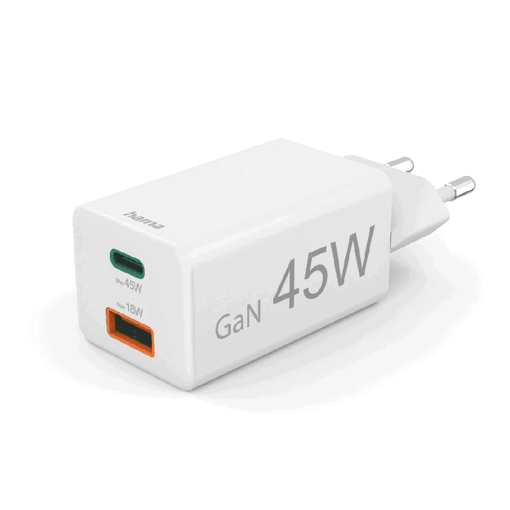 Hama mini GaN 45W PD/QC 1x USB-C, 1x USB-A balta