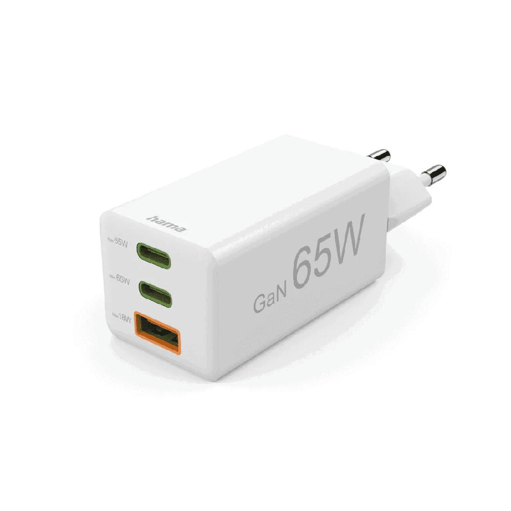 Hama mini GaN 65W PD/QC 2x USB-C, 1x USB-A balta