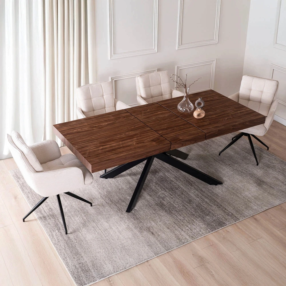 HAMPTON stačiakampis ištraukiamas stalas, 160–240 cm, riešuto spalvos/juodas, moderniam lofto formos valgomajam