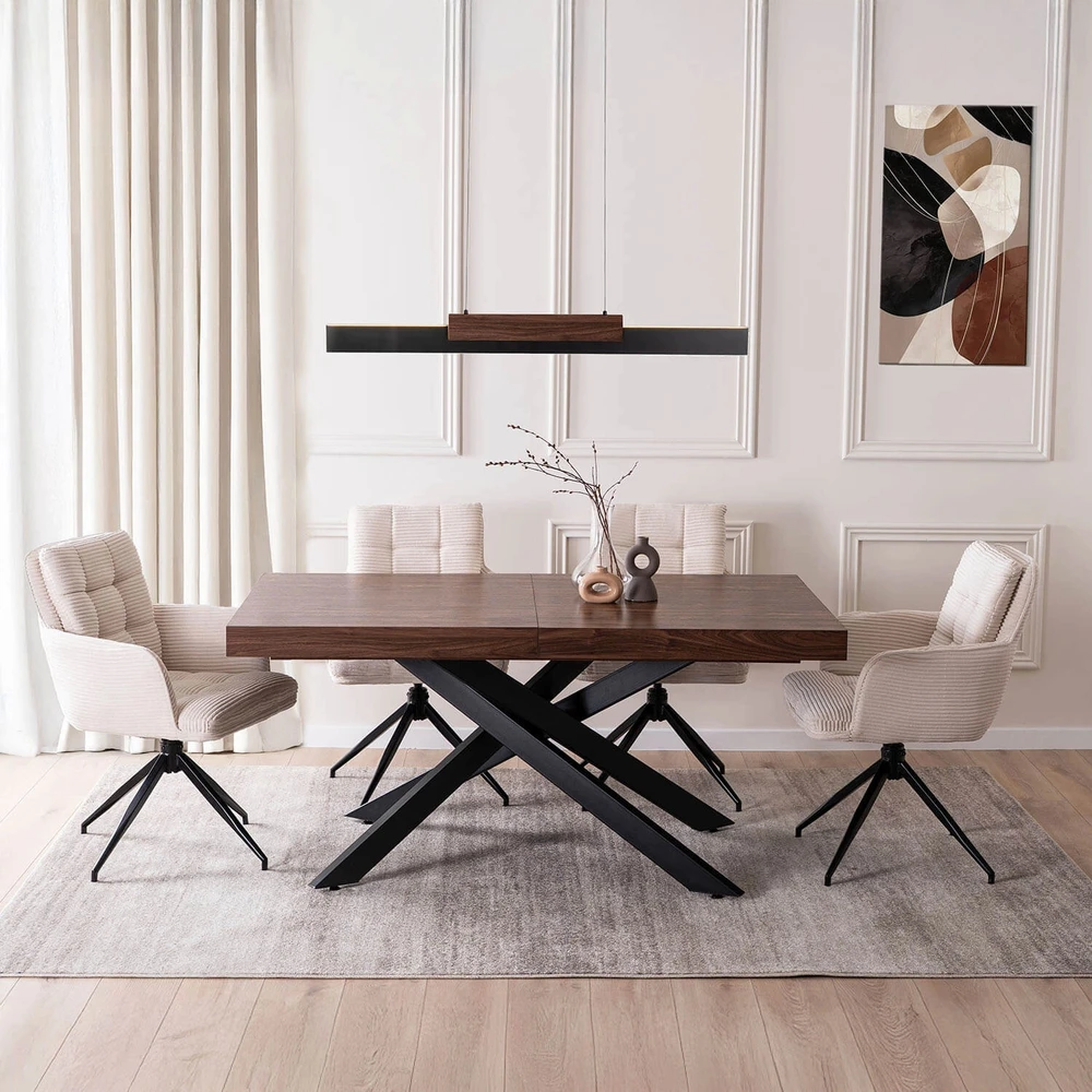 HAMPTON stačiakampis ištraukiamas stalas, 160–240 cm, riešuto spalvos/juodas, moderniam lofto formos valgomajam