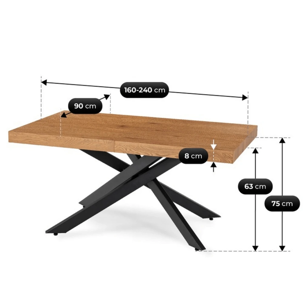 HAMPTON stačiakampis ištraukiamas stalas, 160–240 cm, ąžuolo/juodos spalvos, moderniam lofto stiliaus valgomajam