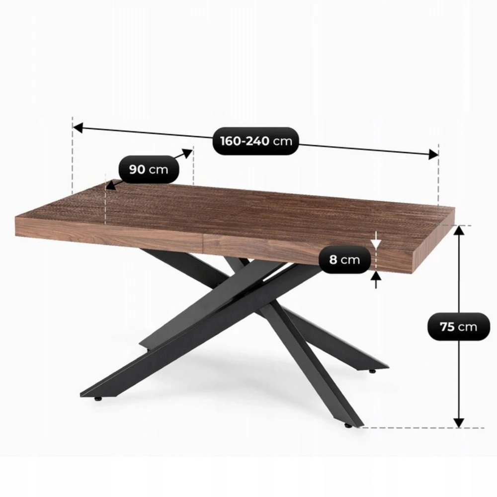HAMPTON stačiakampis ištraukiamas stalas, 160–240 cm, riešuto spalvos/juodas, moderniam lofto formos valgomajam