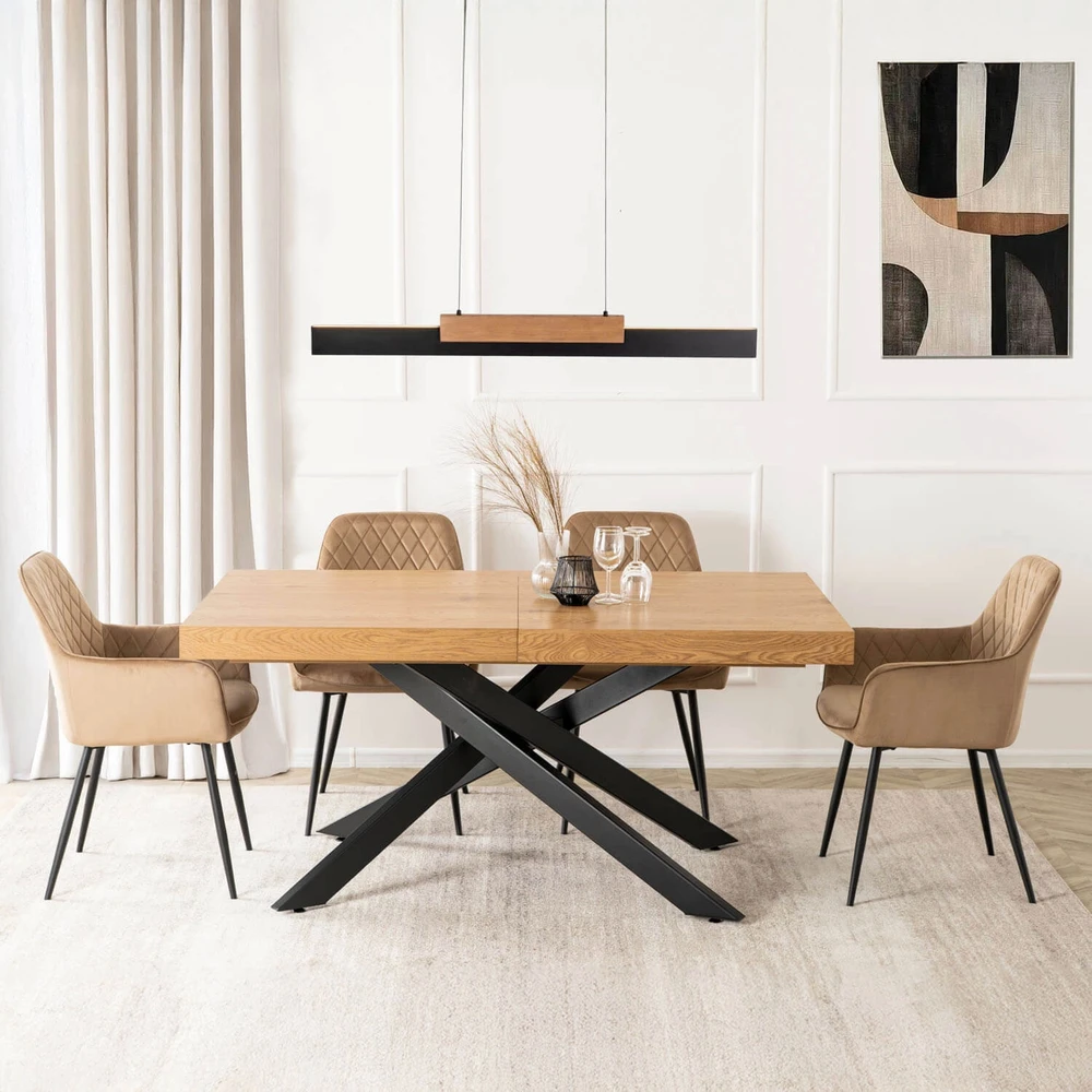 HAMPTON stačiakampis ištraukiamas stalas, 160–240 cm, ąžuolo/juodos spalvos, moderniam lofto stiliaus valgomajam