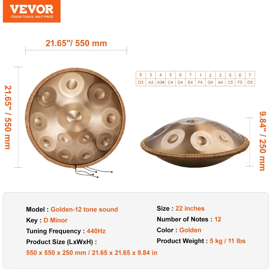 VEVOR Handpan būgnas 22 cm 12 natų D minoras