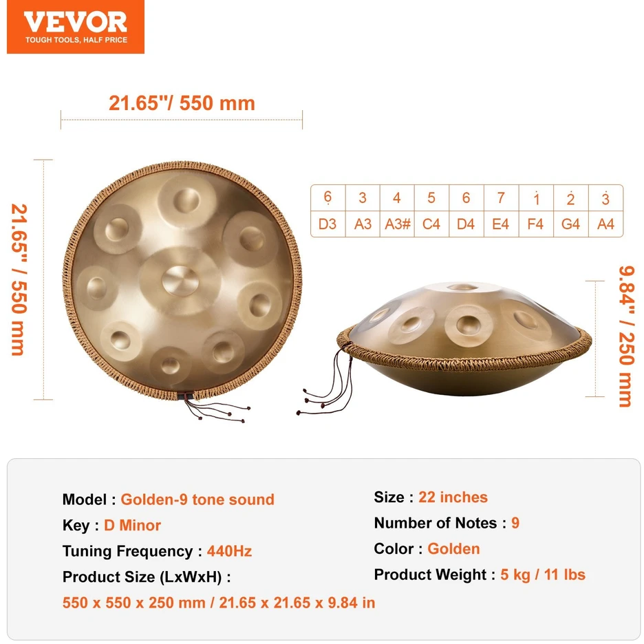 Vevor 22 cm 9 natų plieno būgnelis su lazdeliu