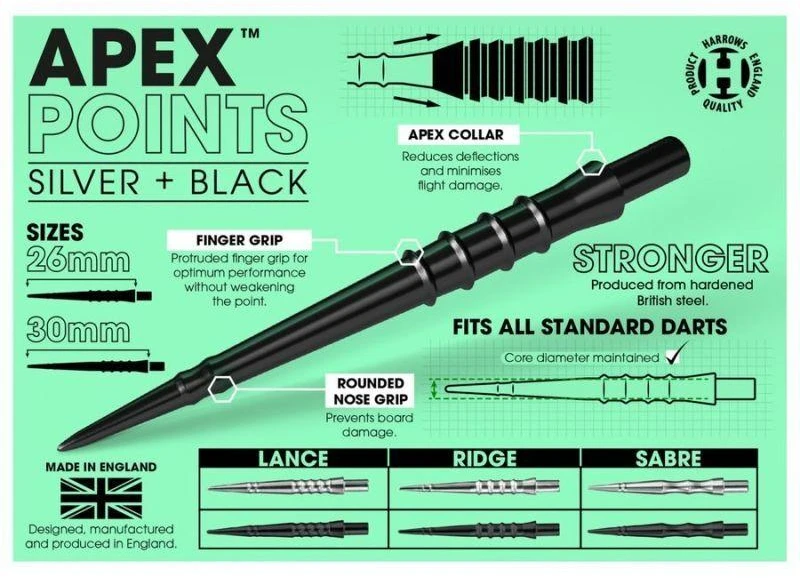 Metalinės adatos Harrows Apex Points Lance, 26 mm ilgio