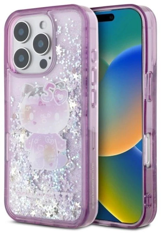 Hello Kitty HKHCP16XL50PPU Apple iPhone 16 Pro Max 6.9″ violetinės spalvos kietas dėklas Liquid Glitter 50TH Anni