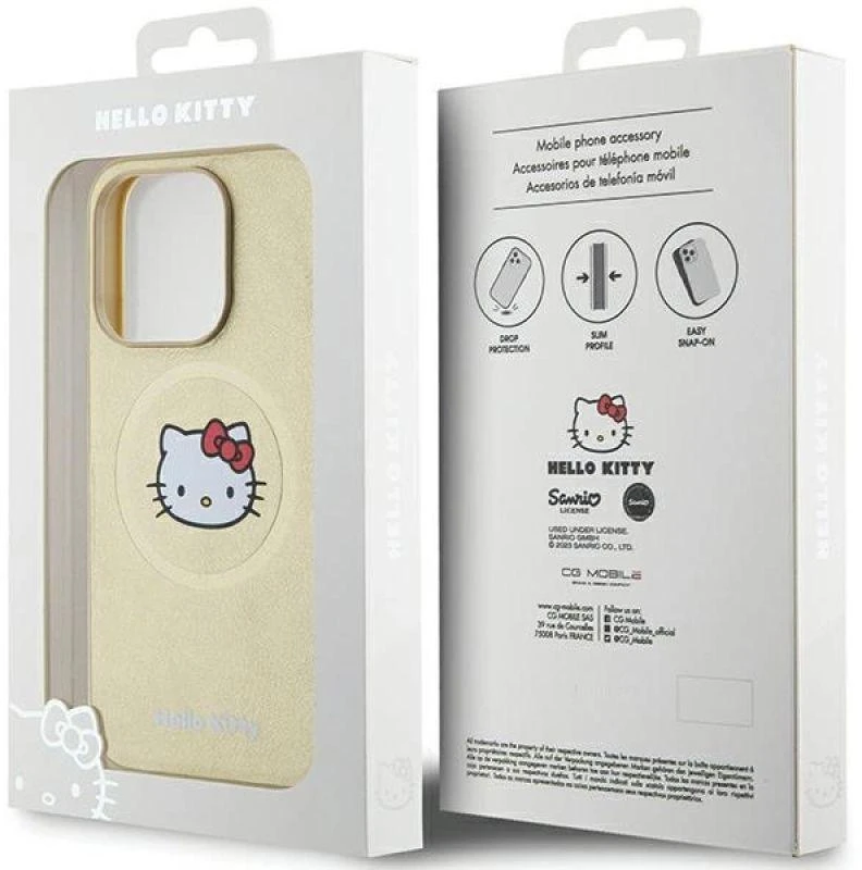 Hello Kitty HKHMP15LPGHCKD Apple iPhone 15 Pro 6.1″ Gold kietas dėklas Leather Kitty Head MagSafe