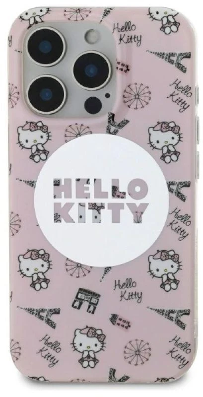 Hello Kitty HKHMP16LHAOPP Apple iPhone 16 Pro 6,3″ rožinės spalvos kietas dėklas IML All Over Paris Magsafe