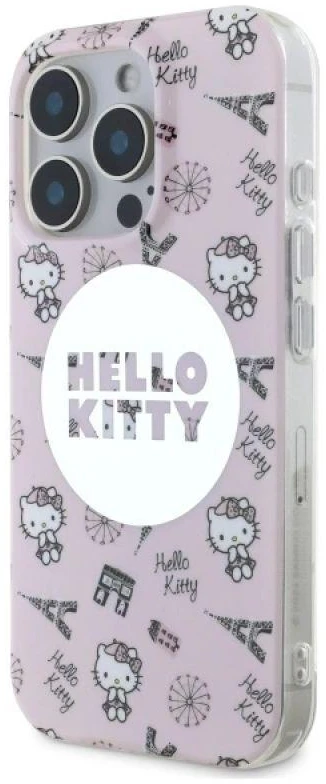 Hello Kitty HKHMP16LHAOPP Apple iPhone 16 Pro 6,3″ rožinės spalvos kietas dėklas IML All Over Paris Magsafe