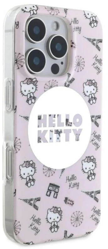 Hello Kitty HKHMP16LHAOPP Apple iPhone 16 Pro 6,3″ rožinės spalvos kietas dėklas IML All Over Paris Magsafe