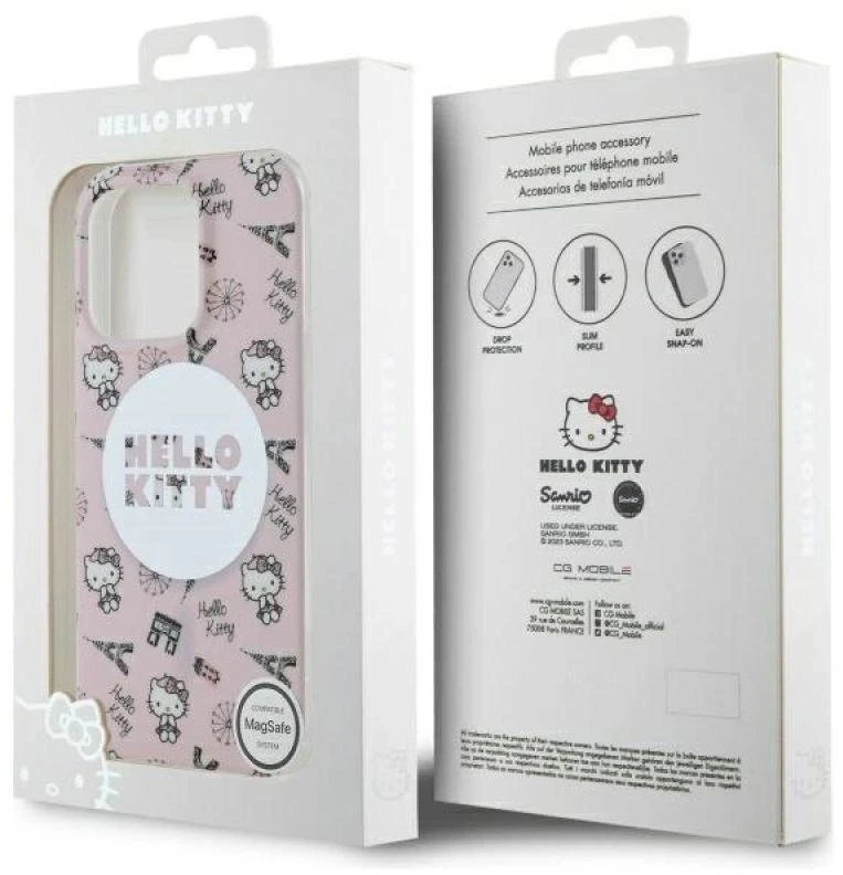 Hello Kitty HKHMP16LHAOPP Apple iPhone 16 Pro 6,3″ rožinės spalvos kietas dėklas IML All Over Paris Magsafe