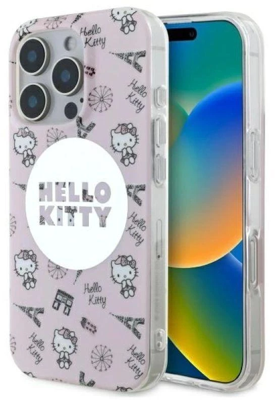 Hello Kitty HKHMP16LHAOPP Apple iPhone 16 Pro 6,3″ rožinės spalvos kietas dėklas IML All Over Paris Magsafe