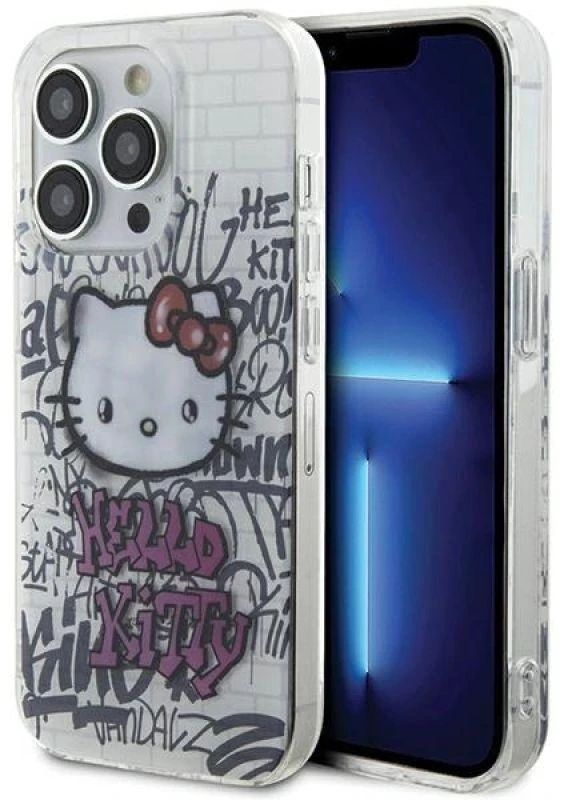 Hello Kitty HKHCP13XHDGPHT Apple iPhone 13 Pro Max 6.7″ baltos spalvos kietas dėklas IML Kitty On Bricks Graffiti