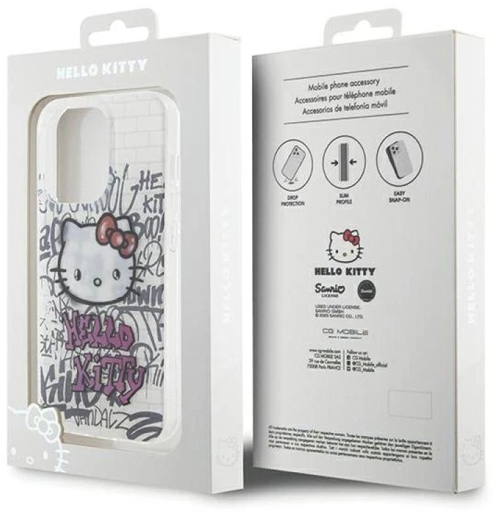 Hello Kitty HKHCP15XHDGPHT Apple iPhone 15 Pro Max 6.7″ baltos spalvos kietas dėklas IML Kitty On Bricks Graffiti