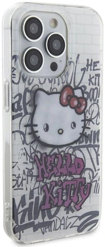 Hello Kitty HKHCP15XHDGPHT Apple iPhone 15 Pro Max 6.7″ baltos spalvos kietas dėklas IML Kitty On Bricks Graffiti