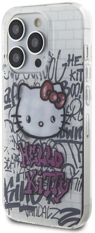 Hello Kitty HKHCP15XHDGPHT Apple iPhone 15 Pro Max 6.7″ baltos spalvos kietas dėklas IML Kitty On Bricks Graffiti