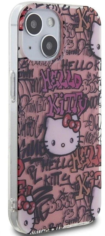 Hello Kitty HKHCP15SHDGPTP Apple iPhone 15 /14 / 13 6.1″ rožinės spalvos kietas dėklas IML Tags Graffiti