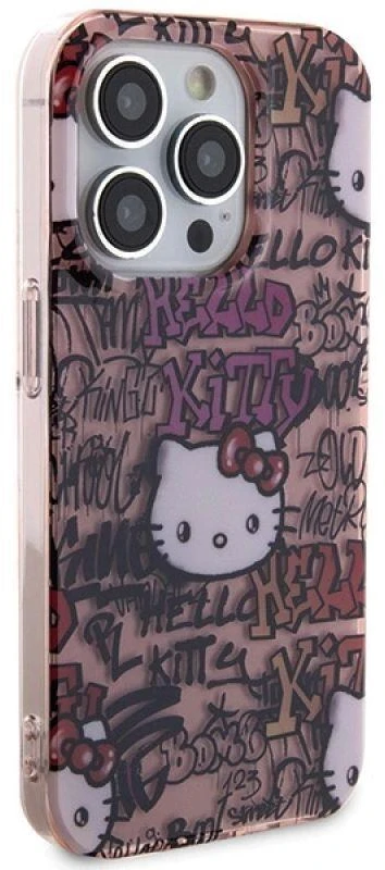 Hello Kitty HKHCP15LHDGPTP Apple iPhone 15 Pro 6.1″ rožinės spalvos kietas dėklas IML Tags Graffiti