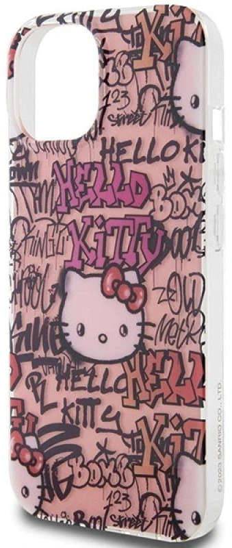 Hello Kitty HKHCP15SHDGPTP Apple iPhone 15 /14 / 13 6.1″ rožinės spalvos kietas dėklas IML Tags Graffiti