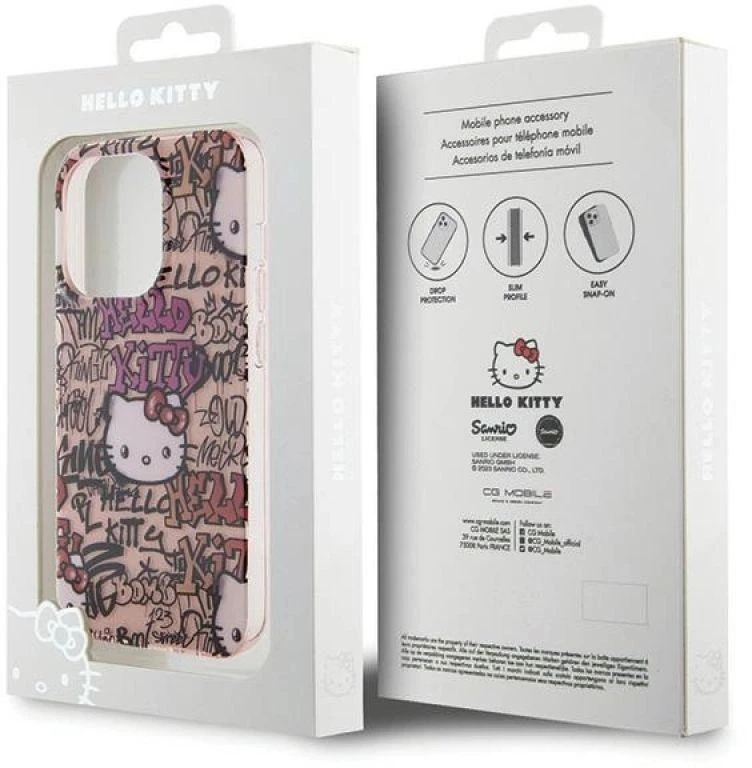Hello Kitty HKHCP15LHDGPTP Apple iPhone 15 Pro 6.1″ rožinės spalvos kietas dėklas IML Tags Graffiti
