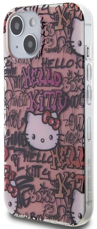 Hello Kitty HKHCP15SHDGPTP Apple iPhone 15 /14 / 13 6.1″ rožinės spalvos kietas dėklas IML Tags Graffiti
