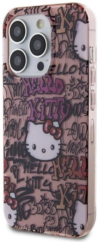 Hello Kitty HKHCP15LHDGPTP Apple iPhone 15 Pro 6.1″ rožinės spalvos kietas dėklas IML Tags Graffiti
