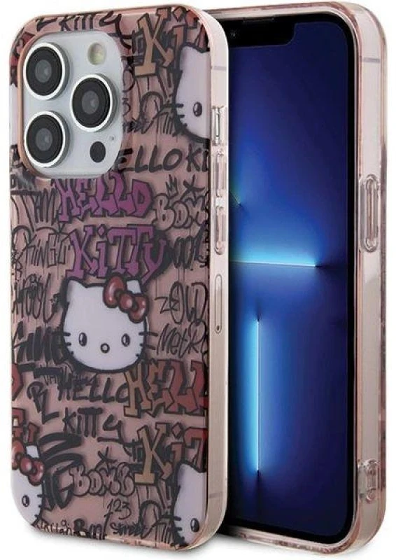 Hello Kitty HKHCP14LHDGPTP Apple iPhone 14 Pro 6.1″ rožinės spalvos kietas dėklas IML Tags Graffiti