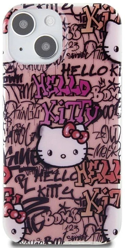 Hello Kitty HKHCP15SHDGPTP Apple iPhone 15 /14 / 13 6.1″ rožinės spalvos kietas dėklas IML Tags Graffiti
