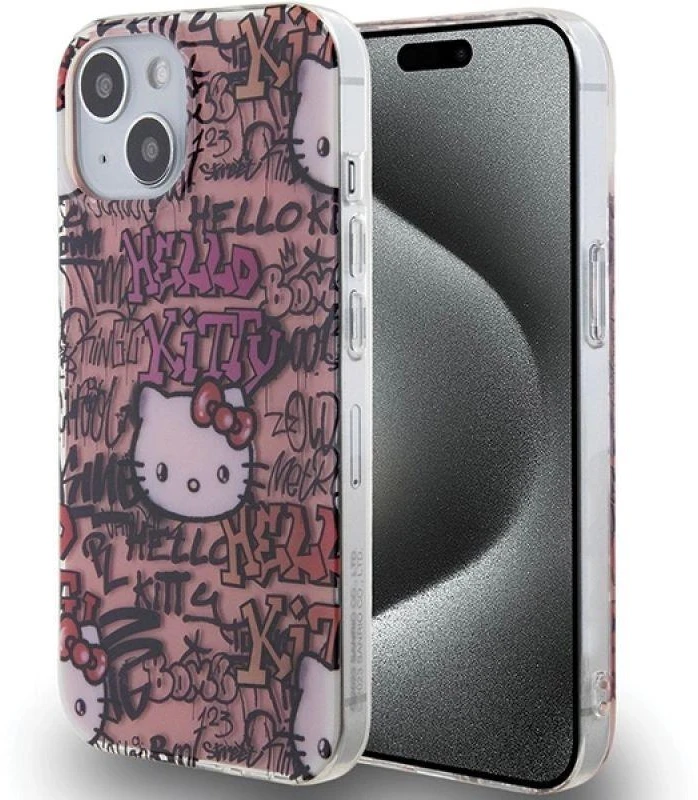 Hello Kitty HKHCP15SHDGPTP Apple iPhone 15 /14 / 13 6.1″ rožinės spalvos kietas dėklas IML Tags Graffiti