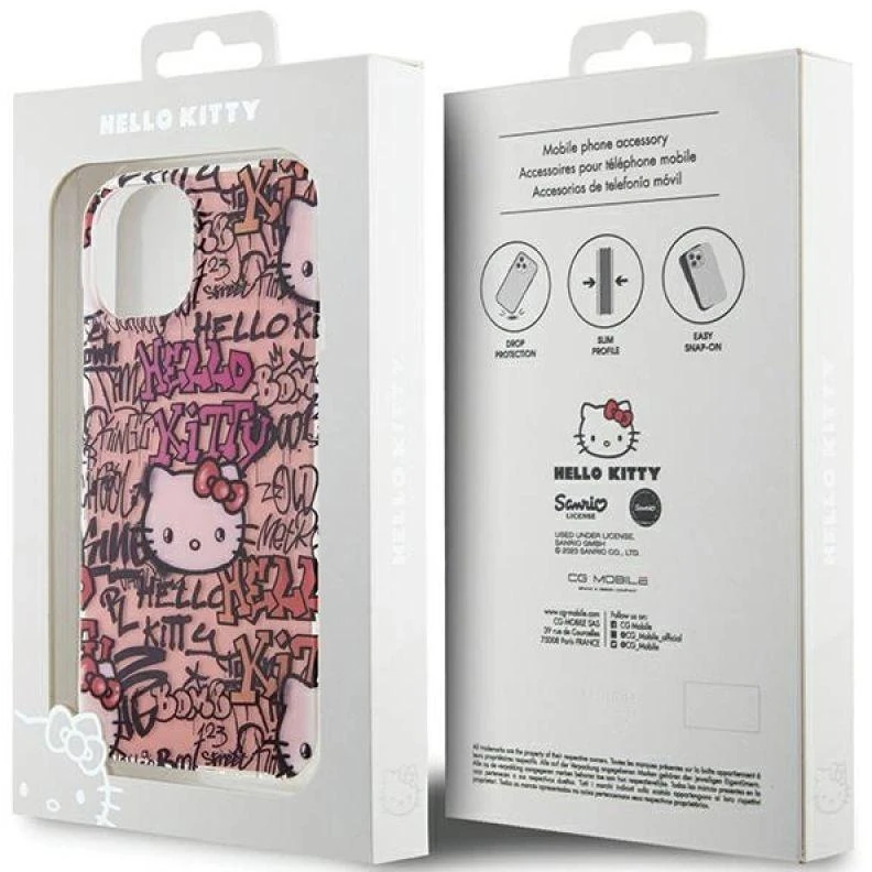 Hello Kitty HKHCP15SHDGPTP Apple iPhone 15 /14 / 13 6.1″ rožinės spalvos kietas dėklas IML Tags Graffiti