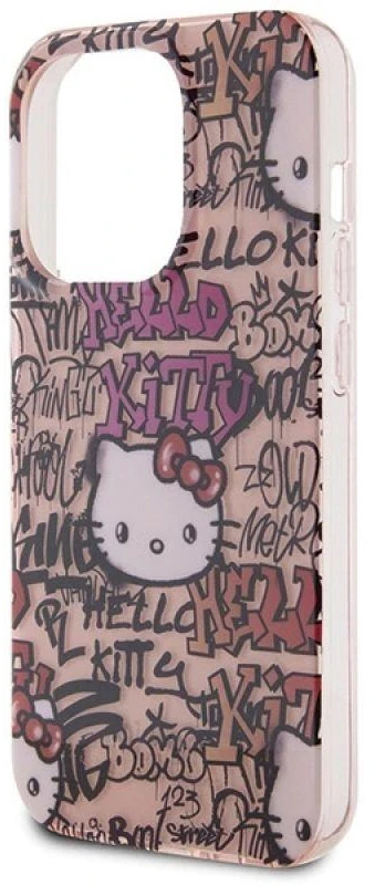 Hello Kitty HKHCP14LHDGPTP Apple iPhone 14 Pro 6.1″ rožinės spalvos kietas dėklas IML Tags Graffiti