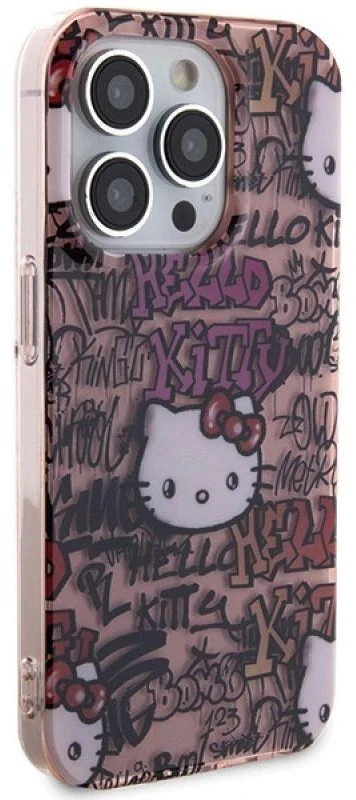 Hello Kitty HKHCP14LHDGPTP Apple iPhone 14 Pro 6.1″ rožinės spalvos kietas dėklas IML Tags Graffiti