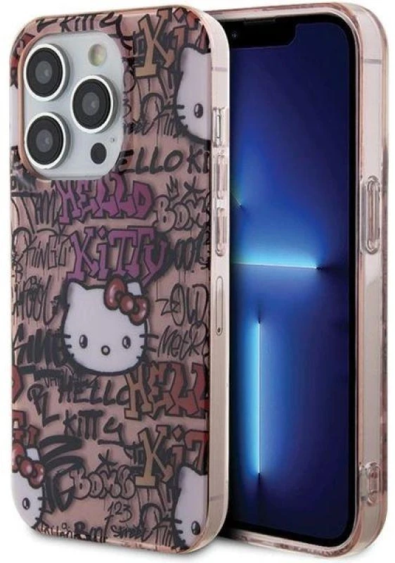 Hello Kitty HKHCP15LHDGPTP Apple iPhone 15 Pro 6.1″ rožinės spalvos kietas dėklas IML Tags Graffiti