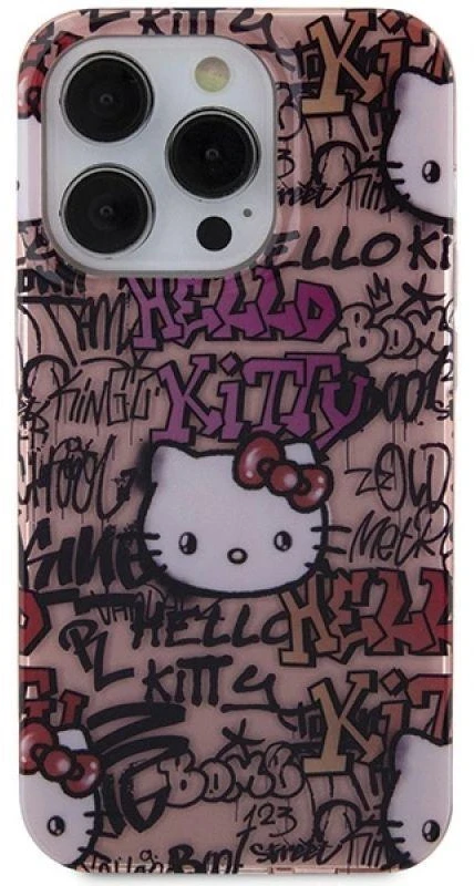 Hello Kitty HKHCP15LHDGPTP Apple iPhone 15 Pro 6.1″ rožinės spalvos kietas dėklas IML Tags Graffiti