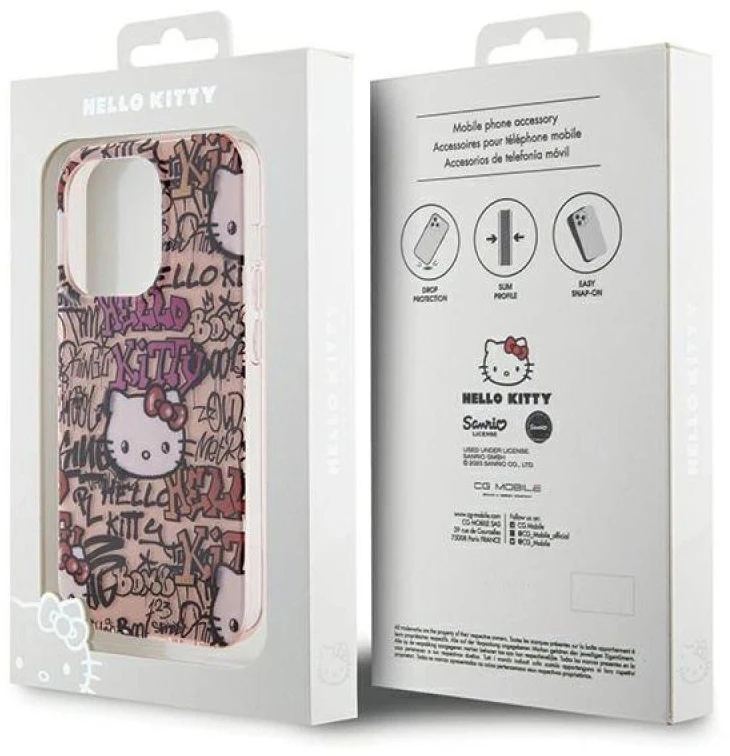 Hello Kitty HKHCP13XHDGPTP Apple iPhone 13 Pro Max 6.7″ rožinės spalvos kietas dėklas IML Tags Graffiti