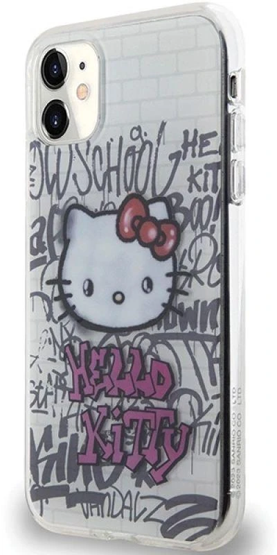 Hello Kitty HKHCN61HDGPHT Apple iPhone 11 / Xr 6.1" baltos spalvos harddėklas IML Kitty On Bricks Graffiti