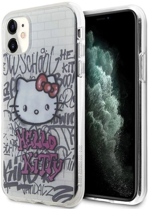 Hello Kitty HKHCN61HDGPHT Apple iPhone 11 / Xr 6.1" baltos spalvos harddėklas IML Kitty On Bricks Graffiti