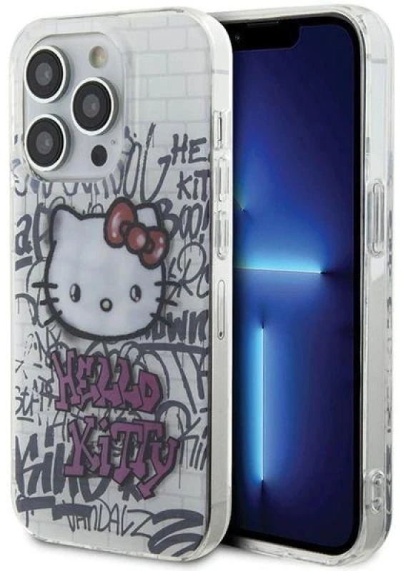 Hello Kitty HKHCP14LHDGPHT Apple iPhone 14 Pro 6.1″ baltos spalvos kietas dėklas IML Kitty On Bricks Graffiti