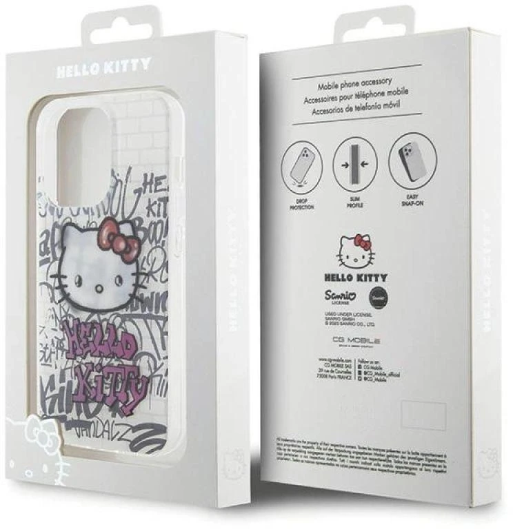 Hello Kitty HKHCP14LHDGPHT Apple iPhone 14 Pro 6.1″ baltos spalvos kietas dėklas IML Kitty On Bricks Graffiti