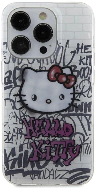 Hello Kitty HKHCP14LHDGPHT Apple iPhone 14 Pro 6.1″ baltos spalvos kietas dėklas IML Kitty On Bricks Graffiti