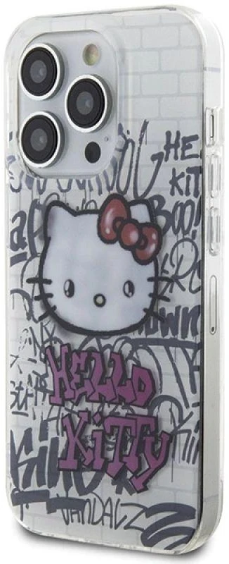 Hello Kitty HKHCP14LHDGPHT Apple iPhone 14 Pro 6.1″ baltos spalvos kietas dėklas IML Kitty On Bricks Graffiti