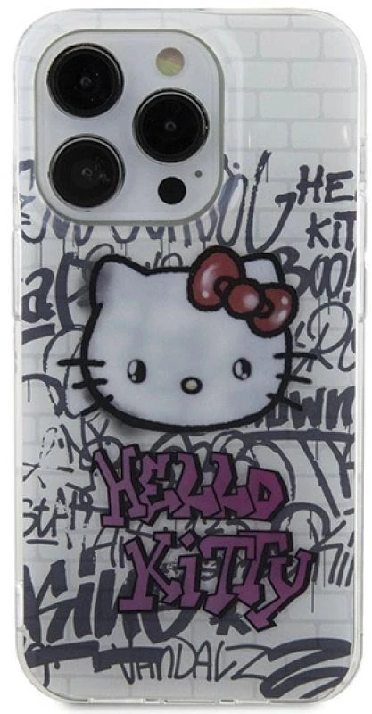 Hello Kitty HKHCP15LHDGPHT Apple iPhone 15 Pro 6.1″ baltos spalvos kietas dėklas IML Kitty On Bricks Graffiti