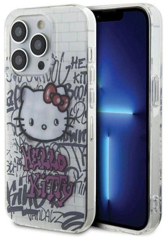 Hello Kitty HKHCP15LHDGPHT Apple iPhone 15 Pro 6.1″ baltos spalvos kietas dėklas IML Kitty On Bricks Graffiti