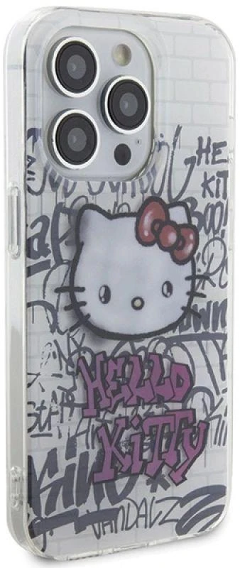 Hello Kitty HKHCP15LHDGPHT Apple iPhone 15 Pro 6.1″ baltos spalvos kietas dėklas IML Kitty On Bricks Graffiti