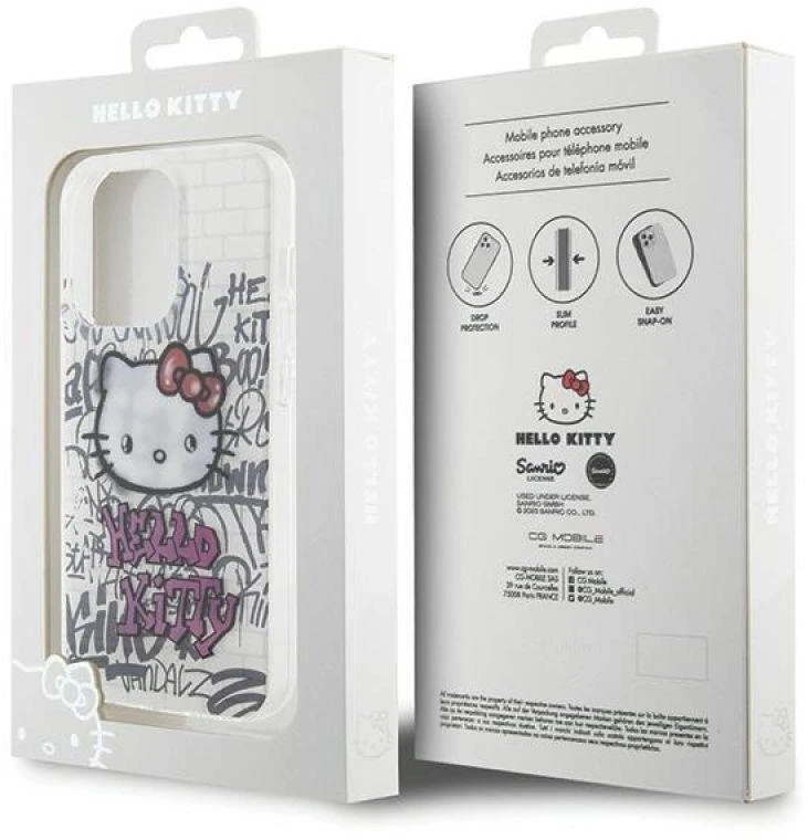 Hello Kitty HKHCP15LHDGPHT Apple iPhone 15 Pro 6.1″ baltos spalvos kietas dėklas IML Kitty On Bricks Graffiti