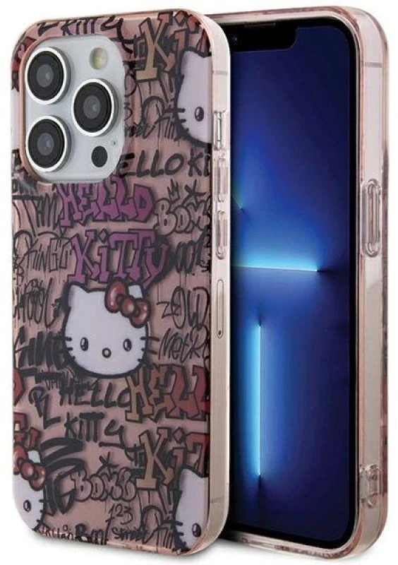 Hello Kitty HKHCP15XHDGPTP Apple iPhone 15 Pro Max 6.7″ rožinės spalvos kietas dėklas IML Tags Graffiti