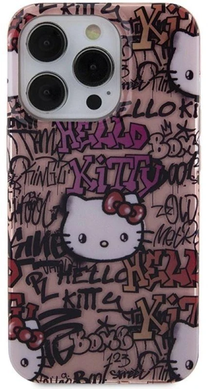 Hello Kitty HKHCP15XHDGPTP Apple iPhone 15 Pro Max 6.7″ rožinės spalvos kietas dėklas IML Tags Graffiti